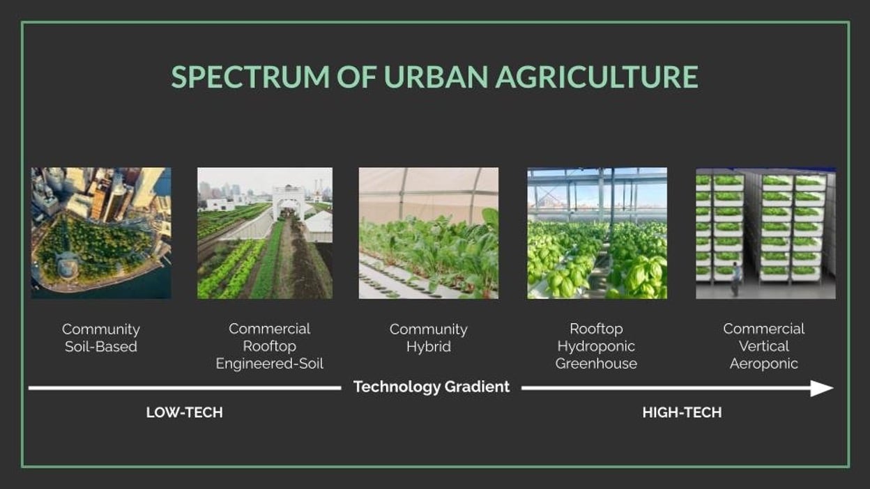 An infographic showing the spectrum of urban agriculture according to Agritecture
